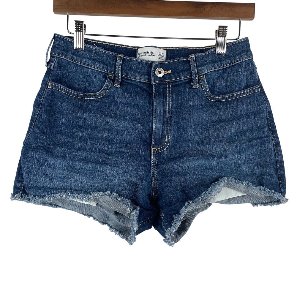 Abercrombie Kids High Rise Relaxed Cut-Off Denim Shorts SZ 17/18 Blue Frayed Hem